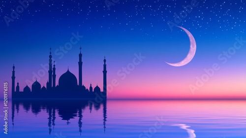 Mosque Silhouette at Sunset - Serene image of a mosque silhouette reflected in calm water, under a crescent moon and starry night sky. Peaceful, spiritual scene.