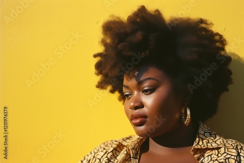 A radiant woman with an afro, showcasing confidence and beauty against a vibrant yellow backdrop.  A captivating portrait of self-love and empowerment. photo