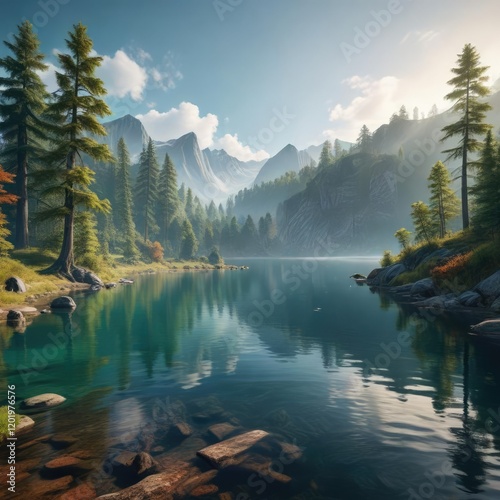 A majestic forest with a large body of water in the foreground and surrounding hills , hills, landscape