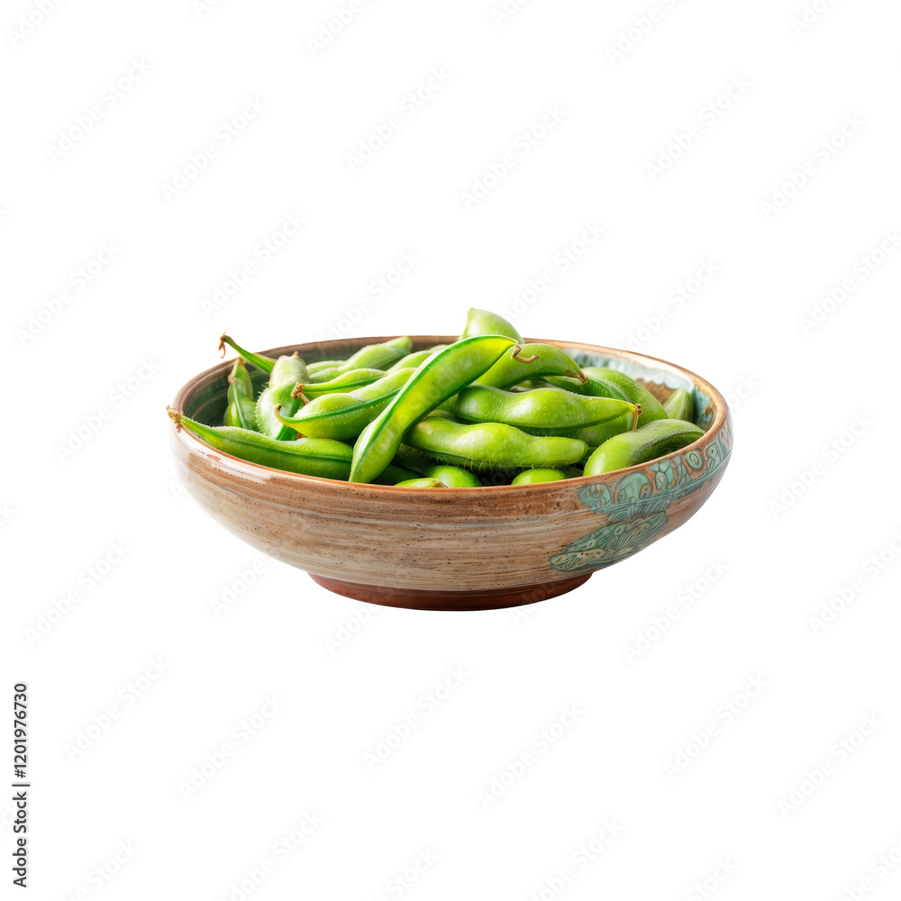 Edamame in Bowl: Fresh green edamame beans, a healthy and delicious snack or side dish, are displayed in a rustic, brown and blue ceramic bowl, capturing the essence of simple culinary delights. Edamame in Bowl: Fresh green edamame beans, a healthy and delicious snack or side dish, are displayed in a rustic, brown and blue ceramic bowl, capturing the essence of simple culinary delights.