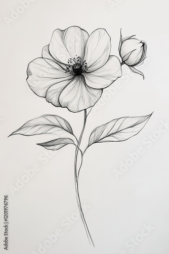  Simple flower illustration with five rounded petals, a circular center, and wavy lines forming the stem. A minimalist and playful floral design.