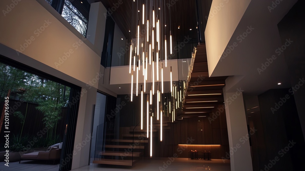 Obraz premium A modern chandelier with LED elements in varying lengths, creating a cascading effect