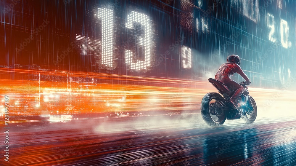 Obraz premium Dynamic movement of a motorcycle in a futuristic cityscape urban setting digital art with a dynamic background