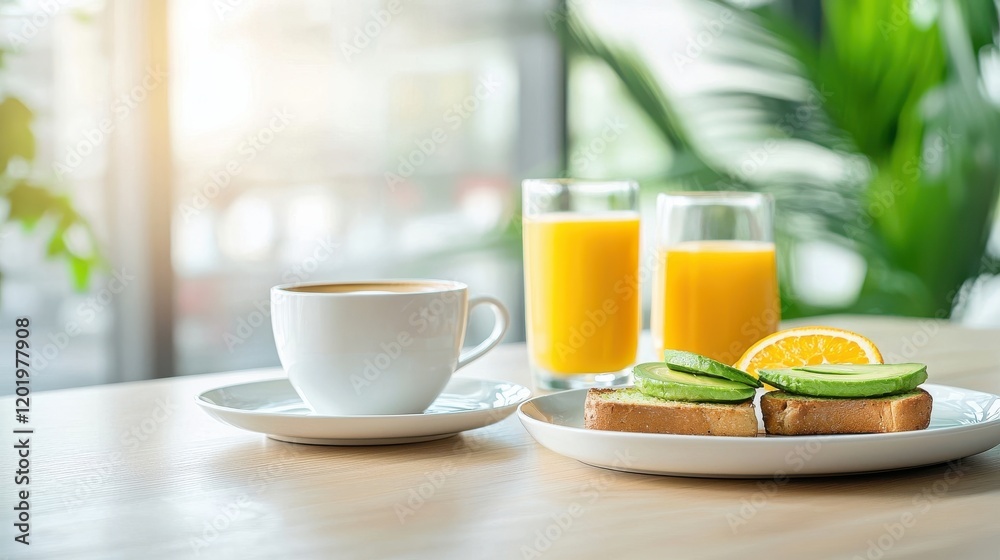 Breakfast and brunch trends. Bright breakfast scene with toast, avocado, coffee, and juice on a wooden table. Breakfast and brunch trends. Bright breakfast scene with toast, avocado, coffee, and juice on a wooden table.