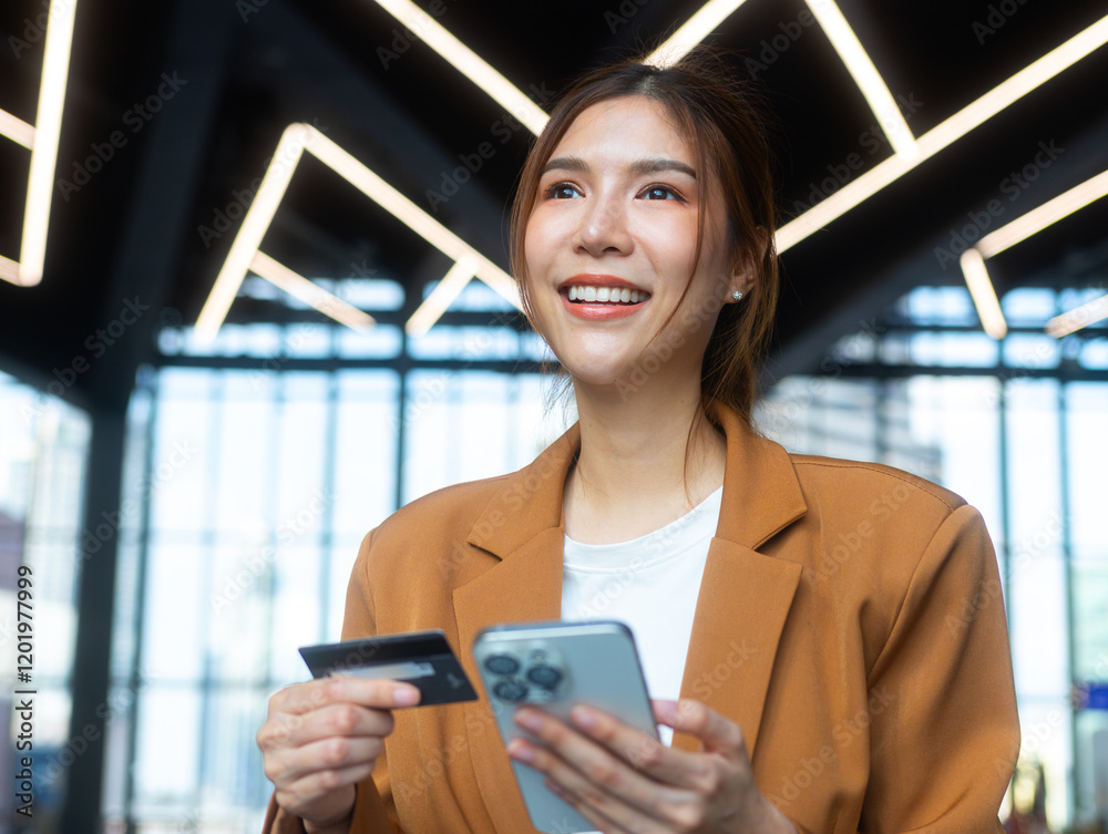 Young Asian businesswoman using mobile phone with credit card making online payment, online order, shopping, internet banking, purchases online and spending money on ecommerce app at office workplace. Young Asian businesswoman using mobile phone with credit card making online payment, online order, shopping, internet banking, purchases online and spending money on ecommerce app at office workplace.