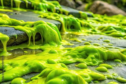 A mass of chartreuse slime spreading across a rocky surface, biology, microscopic, landscape, rocky surface