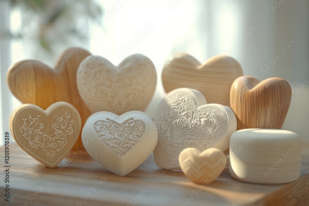 Obraz premium Collection of Handcrafted Wooden Hearts Displayed in Soft Natural Light on a Wooden Surface, Showcasing Various Textures and Designs for Valentine's Day or Romantic Themes