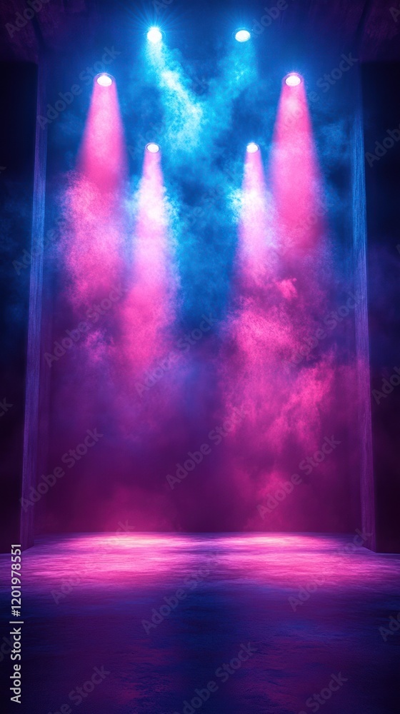 Naklejka premium Pink and blue stage lighting, smoky effect, empty space. Concert backdrop