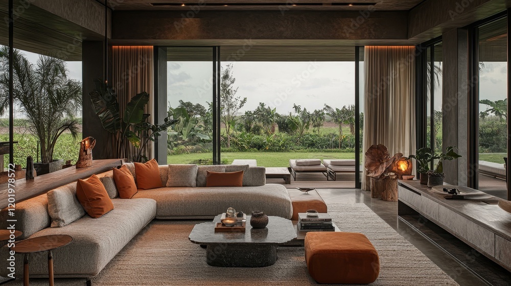 Fototapeta premium Modern Luxurious Living Room with Outdoor Views