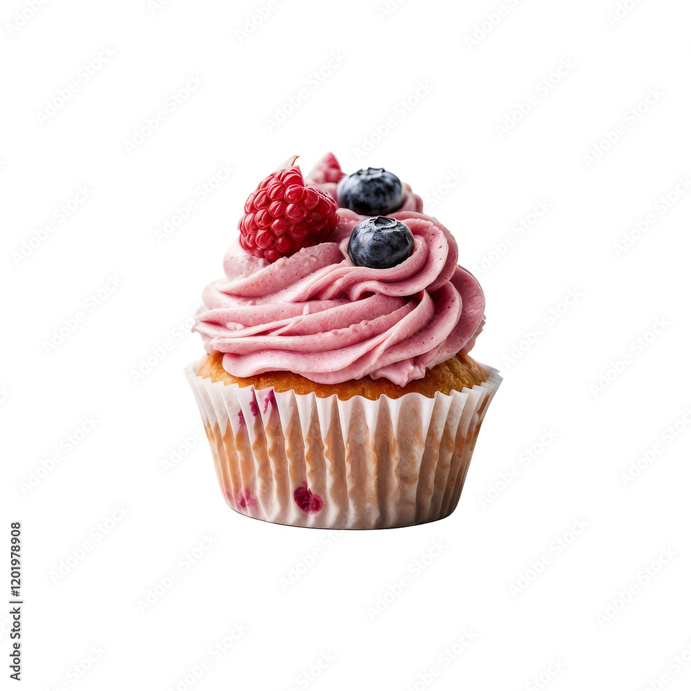 Pink Raspberry and Blueberry Cupcake: A delightful pink cupcake with a creamy swirl of frosting, topped with a juicy raspberry and blueberries, ready to satisfy any sweet tooth. Pink Raspberry and Blueberry Cupcake: A delightful pink cupcake with a creamy swirl of frosting, topped with a juicy raspberry and blueberries, ready to satisfy any sweet tooth.