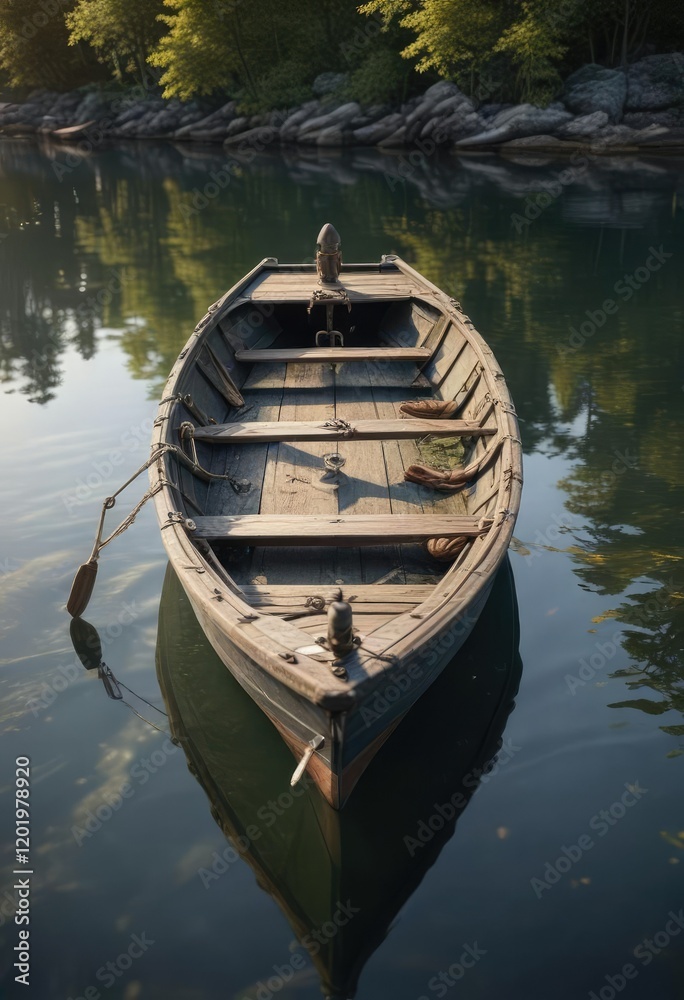 A miniature rowing boat moored to a floating dock with an anchor , vessel, rowing, watercraft A miniature rowing boat moored to a floating dock with an anchor , vessel, rowing, watercraft