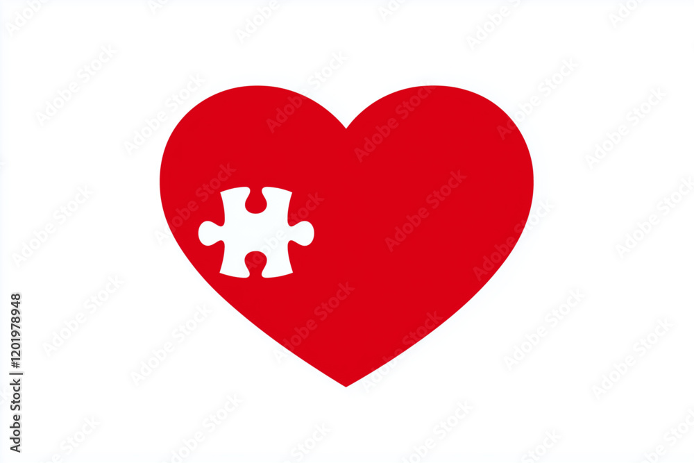 red heart with a single white puzzle piece cut out from the left side, symbolizing finding the perfect match, vector design isolated on white red heart with a single white puzzle piece cut out from the left side, symbolizing finding the perfect match, vector design isolated on white