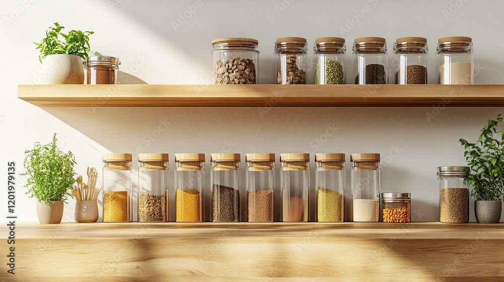A modern spice rack with neatly labeled jars arranged by size and color A modern spice rack with neatly labeled jars arranged by size and color