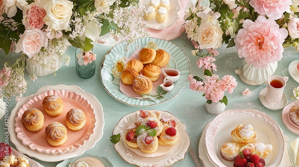 A Mothers Day brunch table with pastel-colored plates, flowers, and pastries