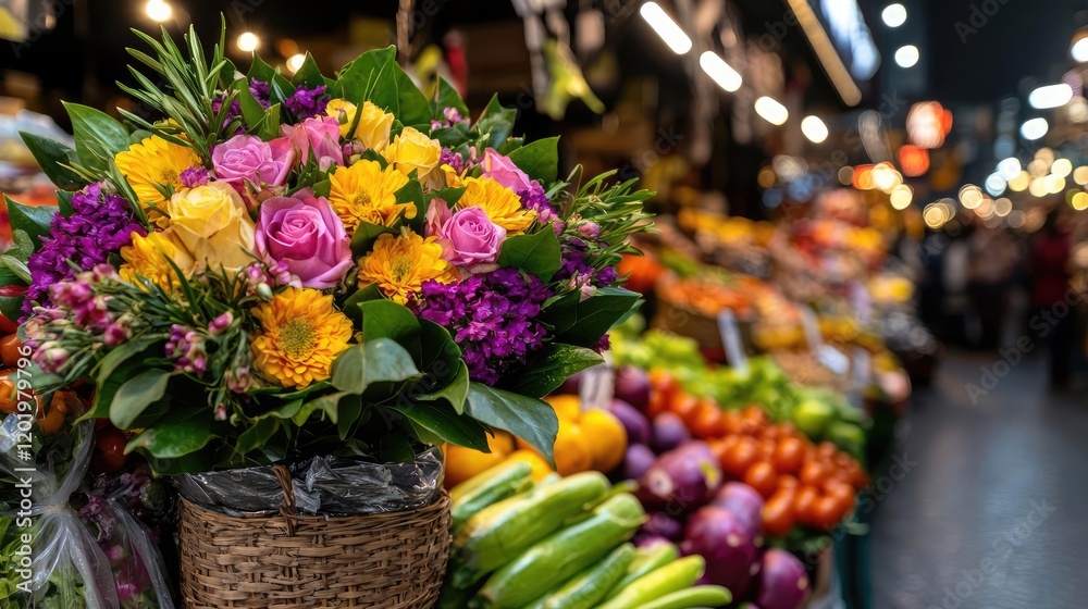 Obraz premium Colorful flower bouquet at market; fresh produce background; shopping