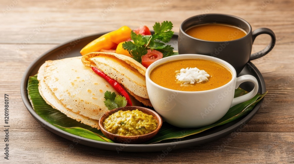 Breakfast and brunch trends. Delicious platter of dosa with chutney, sambar, and aromatic beverages on a wooden table. Breakfast and brunch trends. Delicious platter of dosa with chutney, sambar, and aromatic beverages on a wooden table.