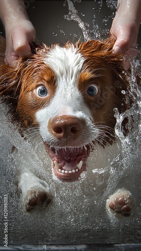 Excited Dog Enjoying a Bath Splash with Human Hands in a Joyful Moment of Pet Care photo