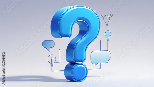 Blue question mark icon is a business symbol with explanation or answer of frequently asked questions and information support with graphic concept or idea of ​​problem.