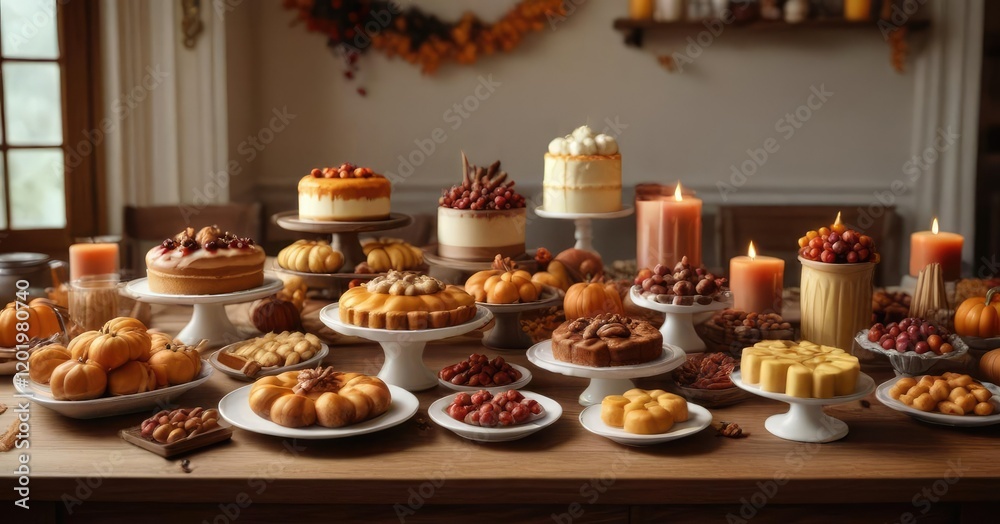 Naklejka premium A warm and inviting Thanksgiving dessert table with a variety of sweet treats, pumpkin pie, Thanksgiving dessert