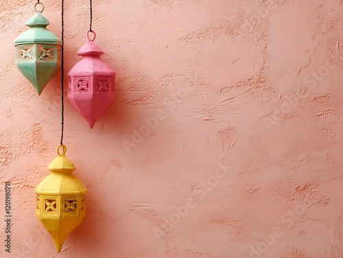 Three Colorful Hanging Lanterns Against A Peach Wall photo