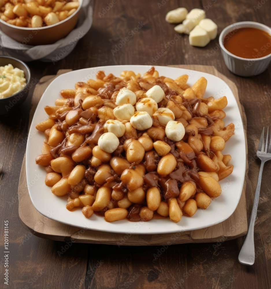 A warm plate of poutine topped with melted cheese curds and drizzled with savory gravy , cheese curds, fries A warm plate of poutine topped with melted cheese curds and drizzled with savory gravy , cheese curds, fries