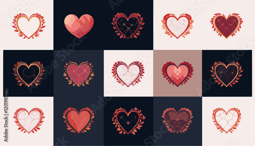 Set of decorative broken heart emblems in various shades of red