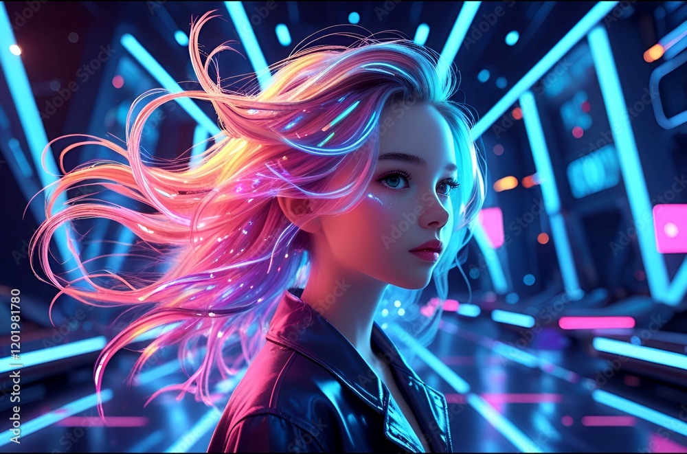 Modern digital artwork featuring a beautiful girl with a unique, pink and blue hair. Modern digital artwork featuring a beautiful girl with a unique, pink and blue hair.