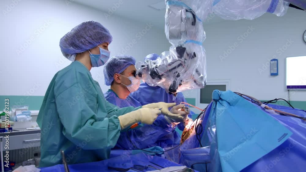 Modern brain surgery performed by male neurosurgeons. Doctors use tools looking at microscope. Female nurse passes instruments to the surgeons.