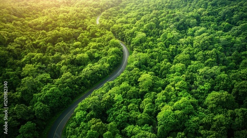 Breathtaking aerial view of curved highway cutting through dense forest showcasing natural carbon capture processes and demonstrating crucial role of forest ecosystems in climate action