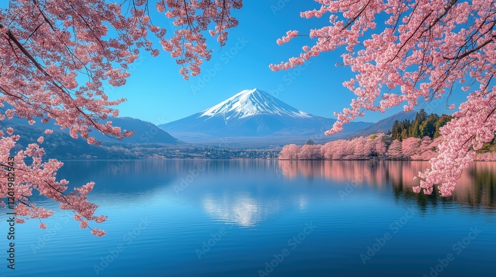 Fototapeta premium Mount Fuji in Spring Blossom: Serene view of snow-capped Mount Fuji majestically rising behind a tranquil lake, framed by the delicate pink blossoms of cherry trees in full bloom.
