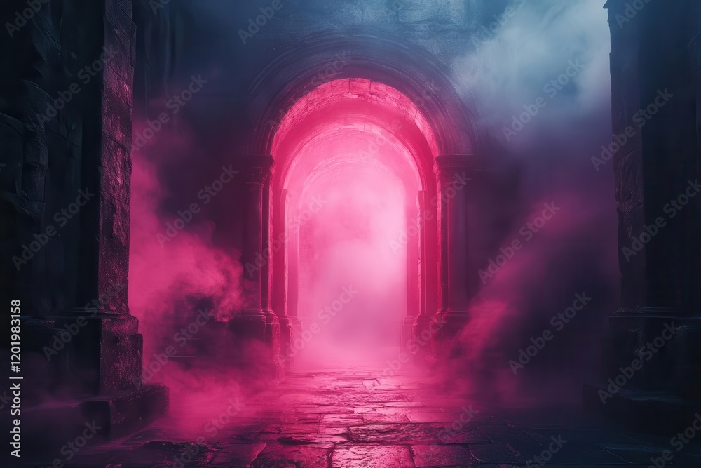 Obraz premium a majestic stone archway illuminated by ethereal magenta light, casting dramatic shadows, with mystical fog swirling through the opening