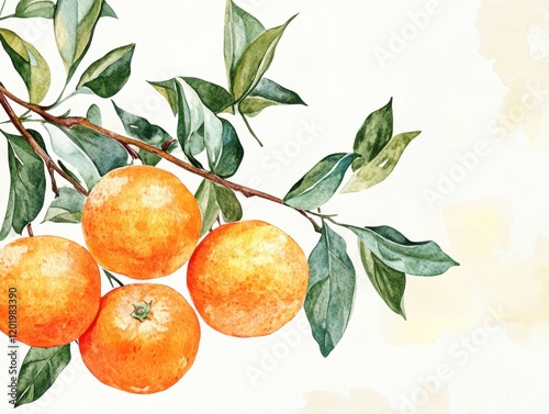 A painting of oranges hanging from a tree branch
