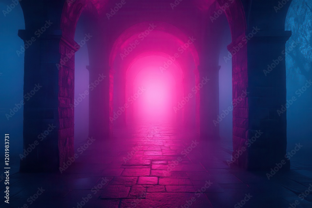 Fototapeta premium a majestic stone archway illuminated by ethereal magenta light, casting dramatic shadows, with mystical fog swirling through the opening