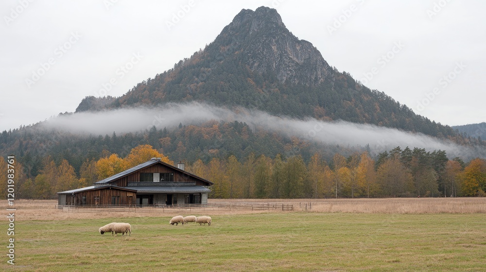 Mountain view, autumn house, sheep grazing, misty valley Mountain view, autumn house, sheep grazing, misty valley