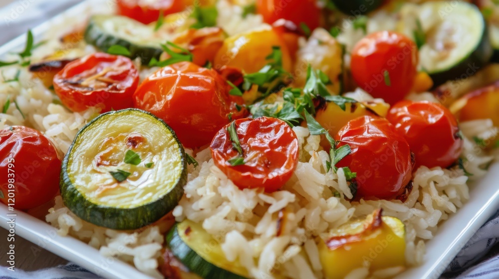 Image of rice and roasted vegetable medley with zucchini and cherry tomatoes on a serving platter, emphasizing colorful and nutritious qualities. Ideal for healthy side dishes and vegetarian meals. Image of rice and roasted vegetable medley with zucchini and cherry tomatoes on a serving platter, emphasizing colorful and nutritious qualities. Ideal for healthy side dishes and vegetarian meals.