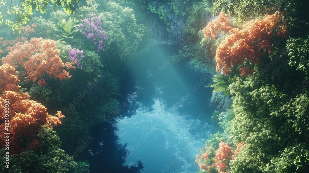 Obraz premium Lush greenery with a tranquil water reflection.