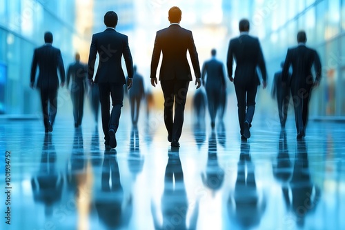 Strategic Steps: Businessmen walking purposefully towards a bright future. A group of businessmen in suits walk confidently down a reflective hallway, symbolizing progress and ambition. photo