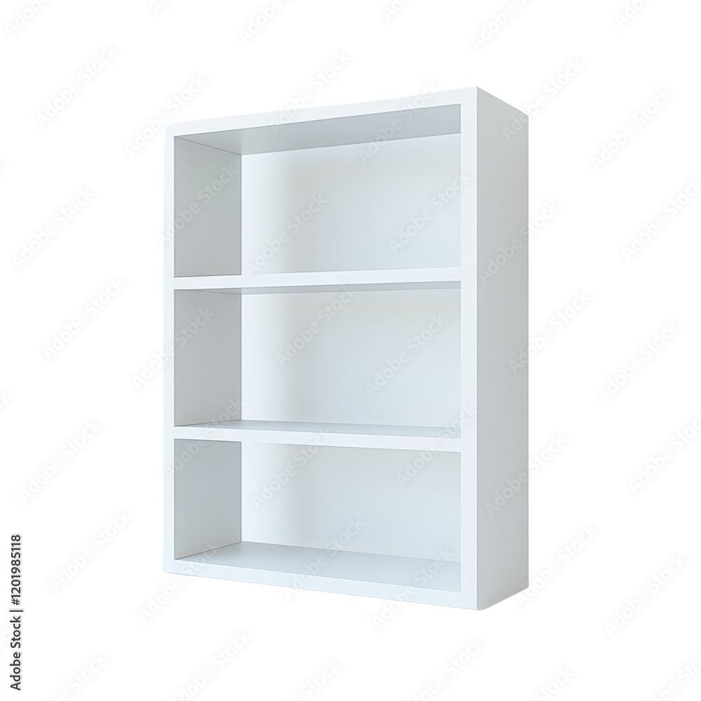 An empty white three-shelf bookcase is shown against a white wall in a minimalist setting. An empty white three-shelf bookcase is shown against a white wall in a minimalist setting.