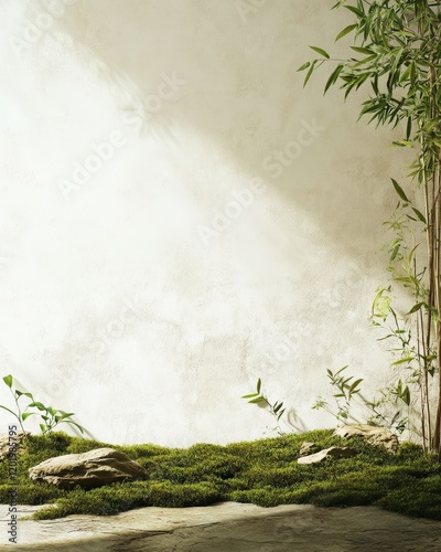 Raw stone surface with green moss accents and light cream background, illuminated by natural light from the side, offering an eco-conscious product space framed by bamboo and leaves