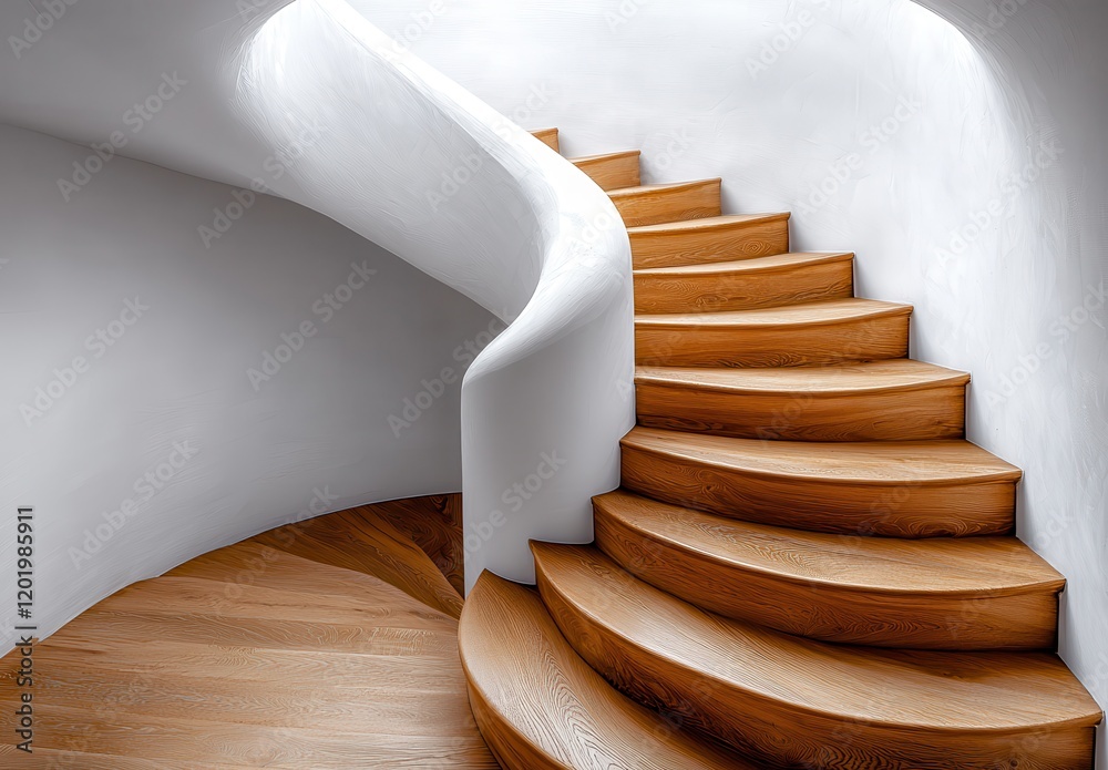 Naklejka premium Elegant Spiral Staircase with Smooth White Walls and Polished Wooden Steps Featuring Contemporary Architectural Design and Modern Interior Aesthetics