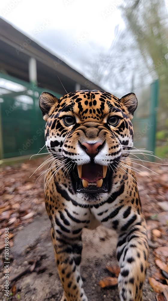 Fototapeta premium Jaguar, Tiger, Leopard, Jumping and Attacking Photographer, Watercolor Art, Abstract Image, Texture, Pattern Background, Wallpaper, Cover and Screen for Smartphone, PC, Laptop, 9:16 and 16:9 Format