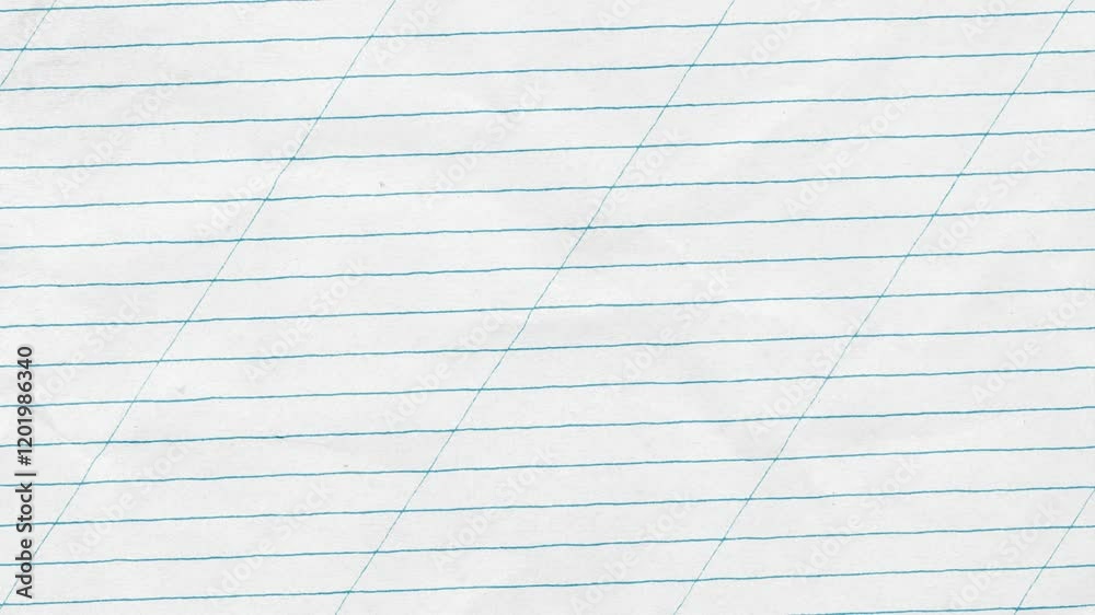 Looping background animation of a white crumpled up lined paper with diagonal lines. Wrinkled white paper with blue horizontal and diagonal lines background for motion graphics.