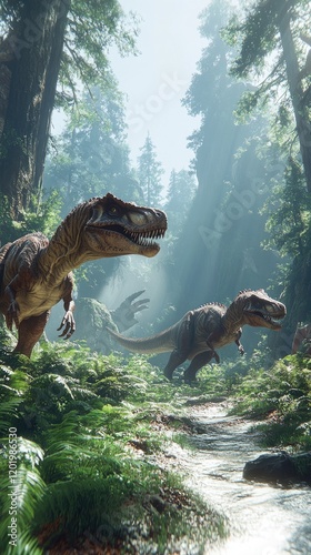 Dinosaurs Roaming in a Sunlit Forest - A Lush Green Environment with Two Dinosaurs photo