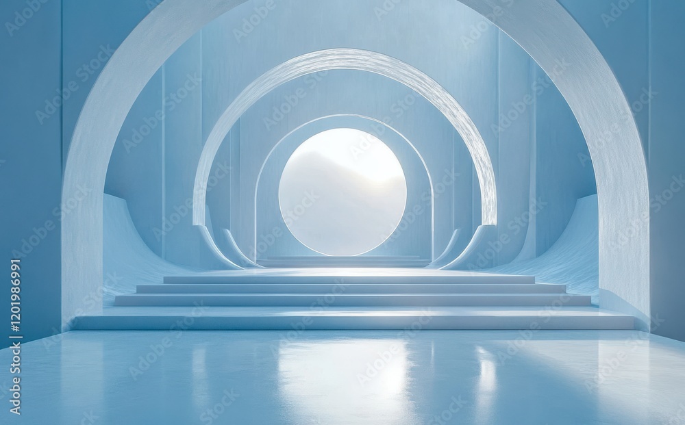 Fototapeta premium Ethereal Blue Interior Space Featuring Abstract Architectural Elements with Large Circular Opening and Gentle Light Play
