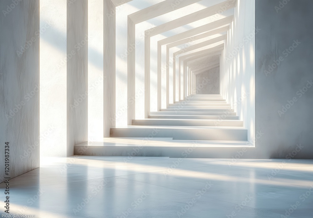 Obraz premium Ethereal Interior Space with Geometric Shapes and Soft Light Creating a Calm Ambiance Ideal for Modern Design and Minimalist Aesthetic Applications in Various Projects