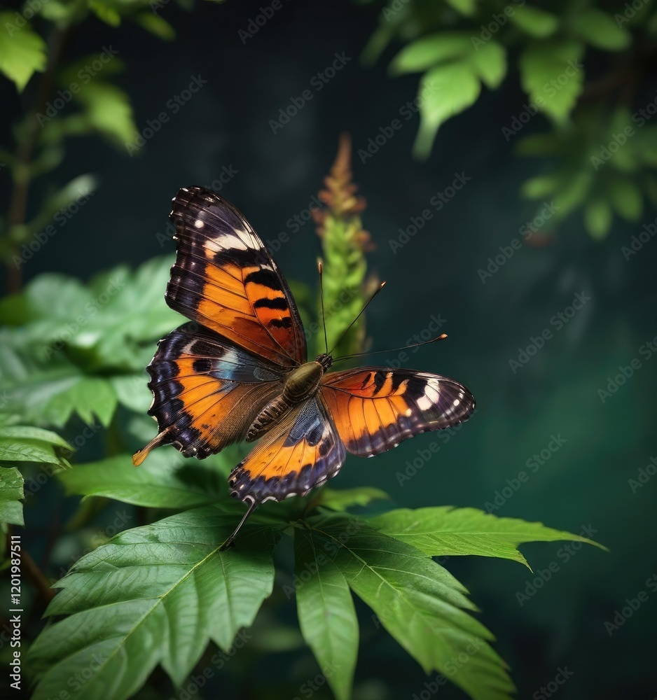 A butterfly perched on a dark leaf against a dark green background, environment, insect, plant life A butterfly perched on a dark leaf against a dark green background, environment, insect, plant life
