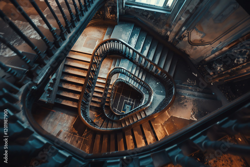 Experience the disorienting Urban Exploration through a tilted angle view, capturing the essence of psychological concepts like claustrophobia and curiosity Unexpected camera angles will enhance the m photo