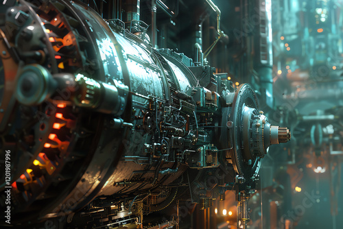 Explore a Tilted angle view of a bio-mechanical horror machine; highlight its intricate details in CG 3D rendering for a chilling effect photo