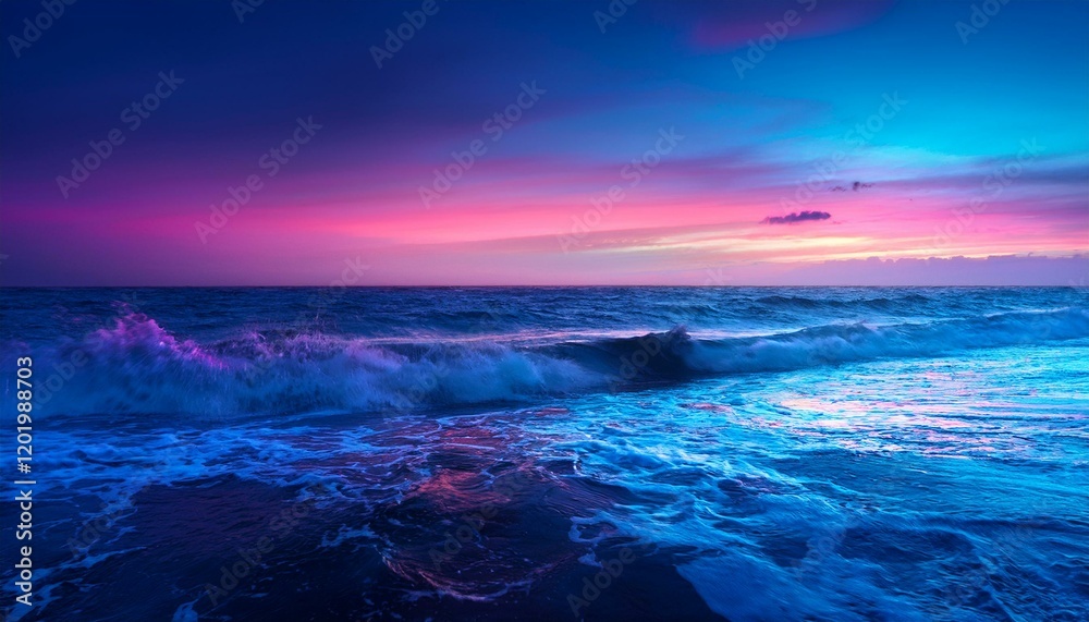 a mesmerizing view of ocean waves illuminated by neon colors creating a surreal ambiance in the twilight the energetic glow of the water contrasts beautifully with the dark sky a mesmerizing view of ocean waves illuminated by neon colors creating a surreal ambiance in the twilight the energetic glow of the water contrasts beautifully with the dark sky