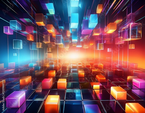 a vibrant abstract scene featuring 3d cubes in various colors suspended in a dynamic space with a glowing background ideal for digital design and modern art projects